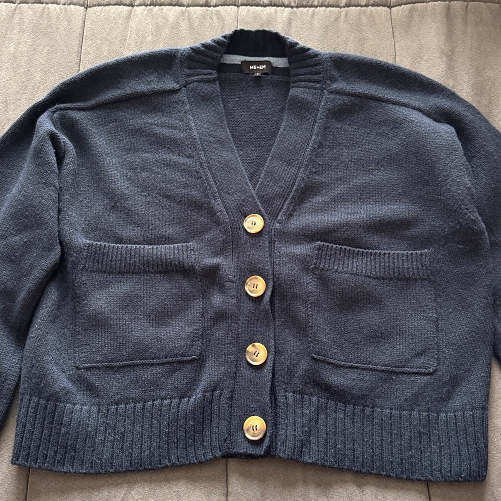 ME+EM S Merino Cashmere Boyfriend Cardigan Navy Small Pockets Sweater V-neck